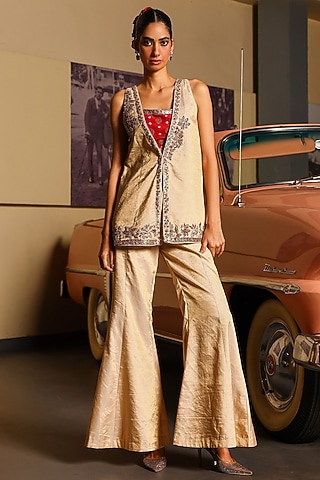 Gold Pure Tissue Resham & Sequins Hand Embroidered Jacket Set by SABE