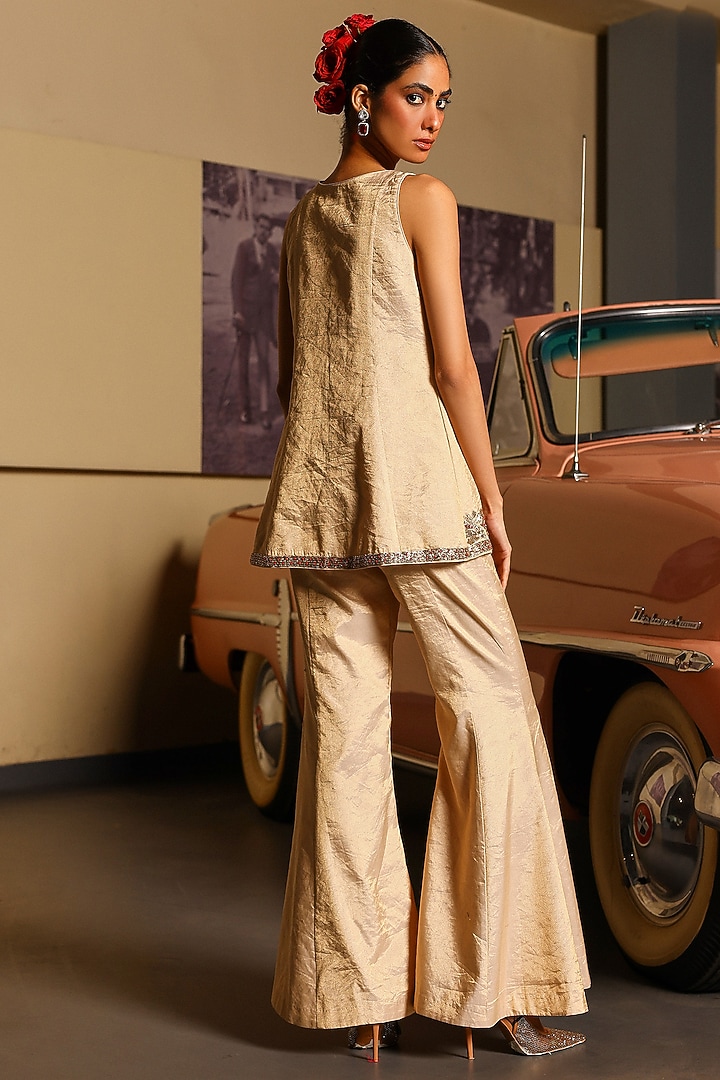 Gold Pure Tissue Resham & Sequins Hand Embroidered Jacket Set by SABE at Pernia's Pop Up Shop