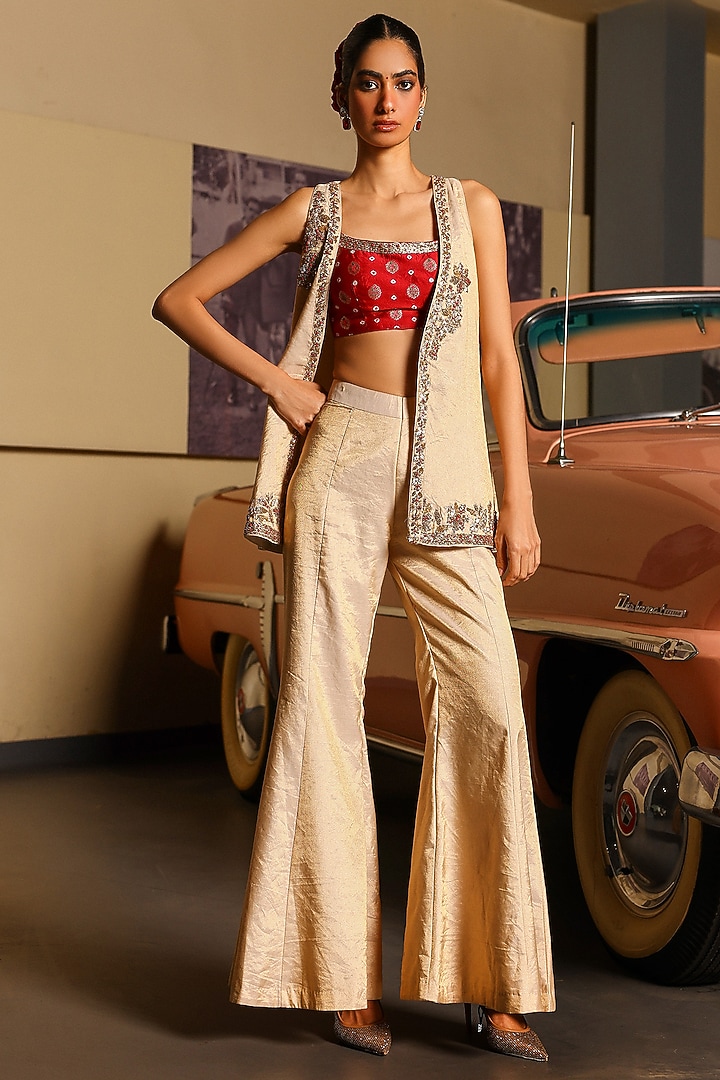 Gold Pure Tissue Resham & Sequins Hand Embroidered Jacket Set by SABE at Pernia's Pop Up Shop