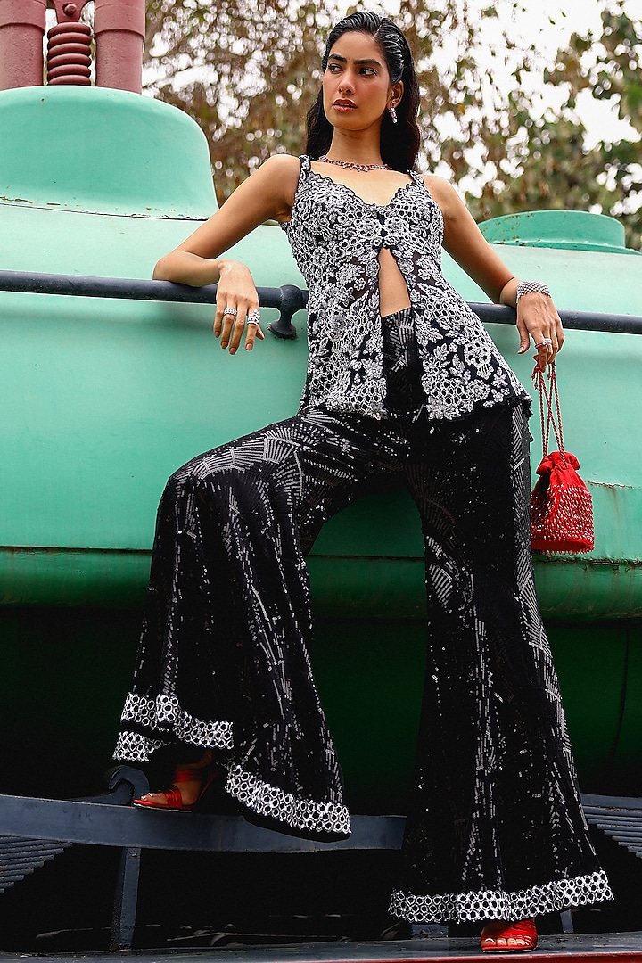 Black Net Sequins Embroidered Pant Set by SABE at Pernia's Pop Up Shop