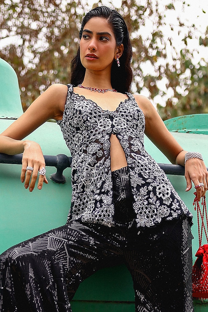 Black Net Sequins Embroidered Pant Set by SABE at Pernia's Pop Up Shop