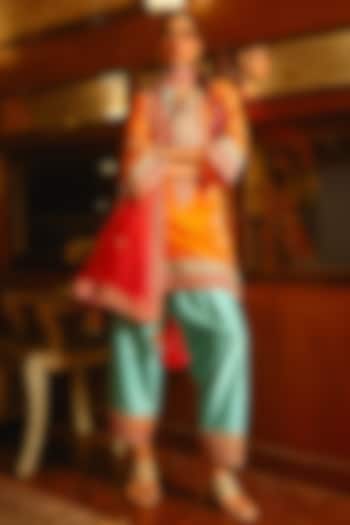 Orange Pure Bandhani Silk Resham Hand Embroidered Kurta Set by SABE at Pernia's Pop Up Shop