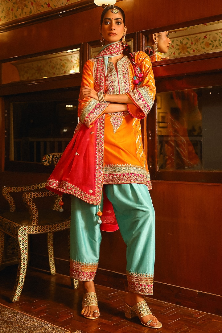 Orange Pure Bandhani Silk Resham Hand Embroidered Kurta Set by SABE at Pernia's Pop Up Shop