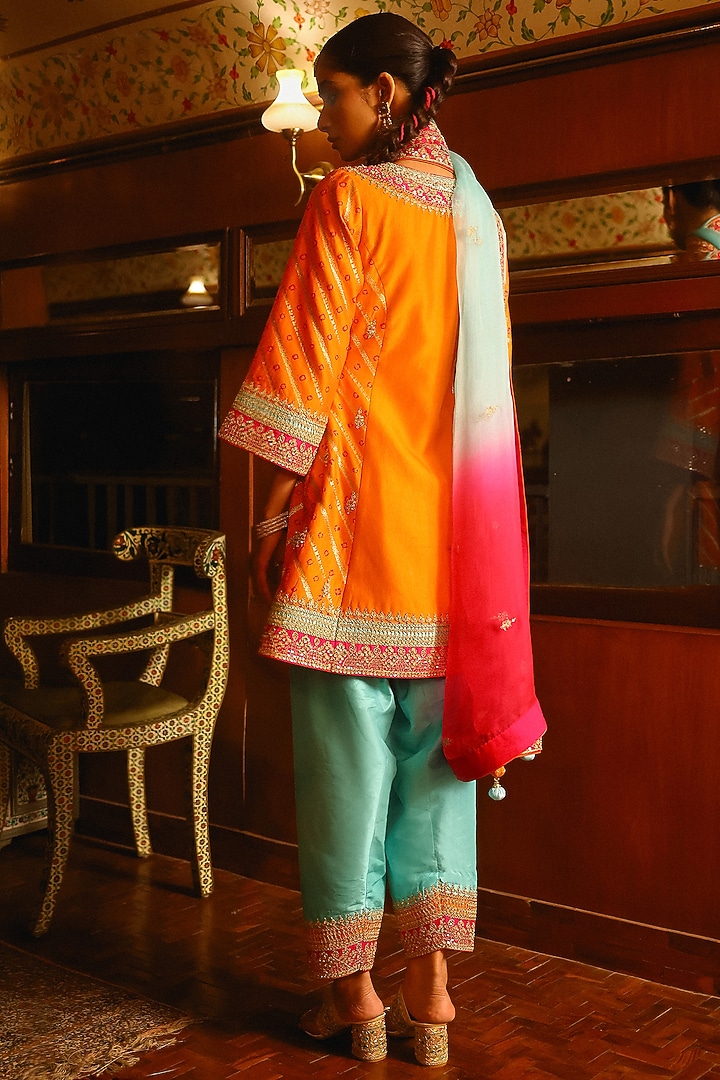 Orange Pure Bandhani Silk Resham Hand Embroidered Kurta Set by SABE at Pernia's Pop Up Shop