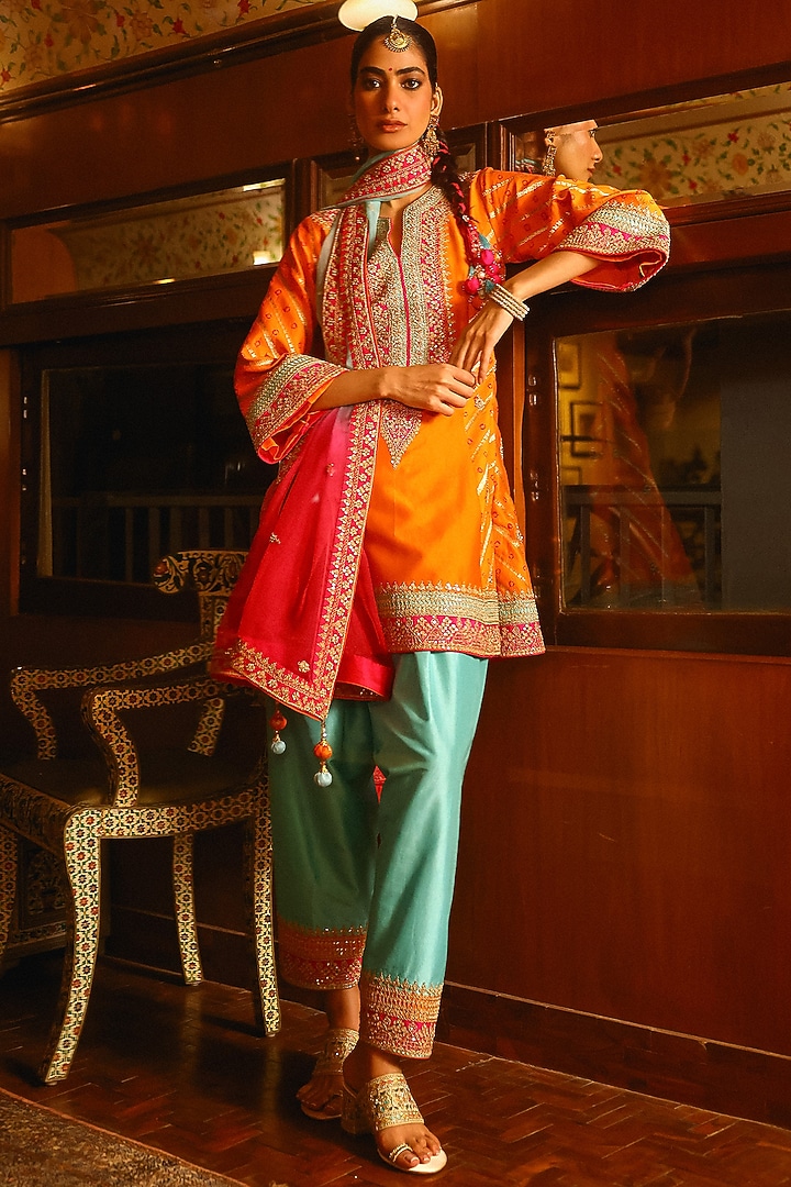 Orange Pure Bandhani Silk Resham Hand Embroidered Kurta Set by SABE at Pernia's Pop Up Shop
