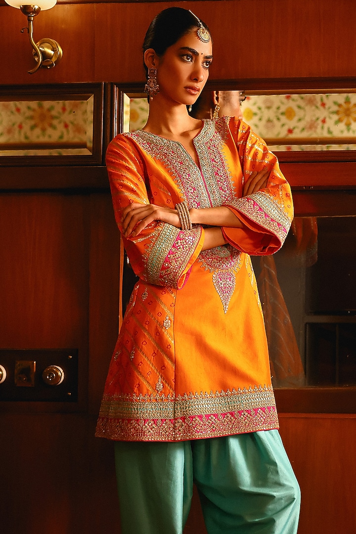 Orange Pure Bandhani Silk Resham Hand Embroidered Kurta Set by SABE at Pernia's Pop Up Shop
