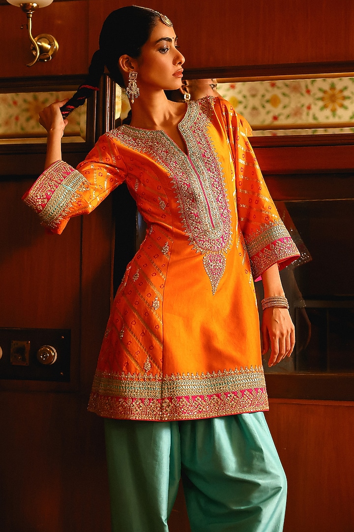Orange Pure Bandhani Silk Resham Hand Embroidered Kurta Set by SABE at Pernia's Pop Up Shop