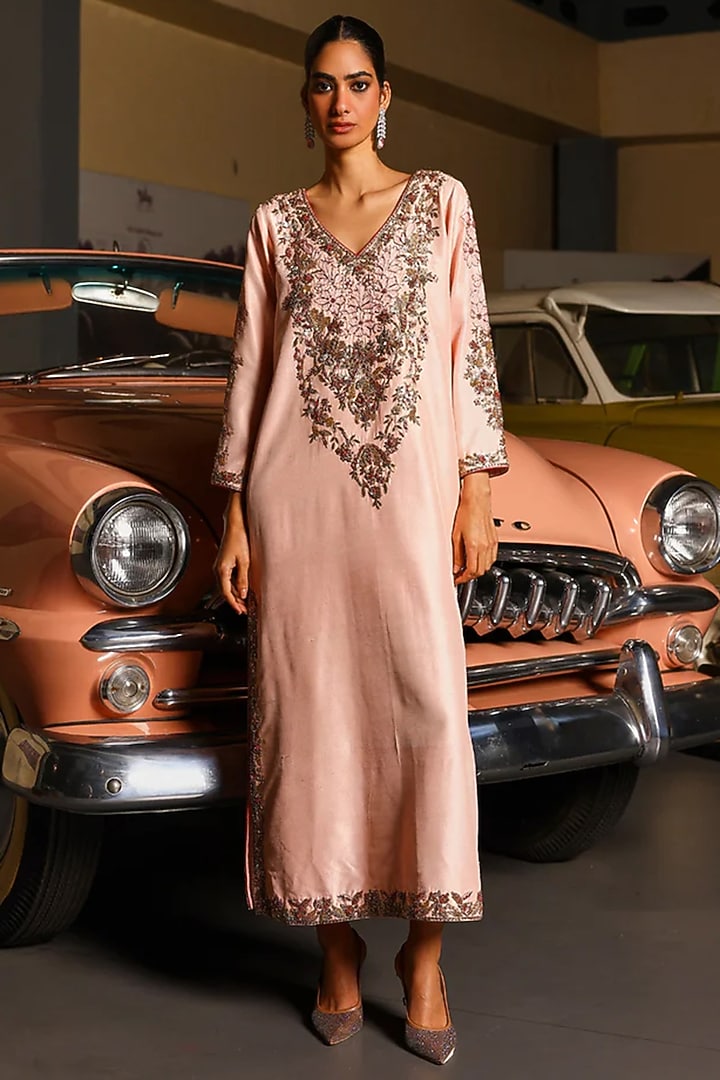 Pink Pure Silk Resham Hand Embroidered Kaftan by SABE at Pernia's Pop Up Shop