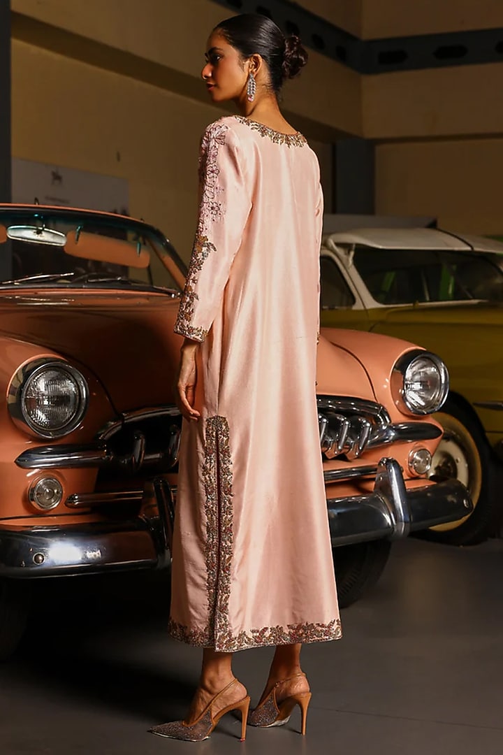 Pink Pure Silk Resham Hand Embroidered Kaftan by SABE at Pernia's Pop Up Shop