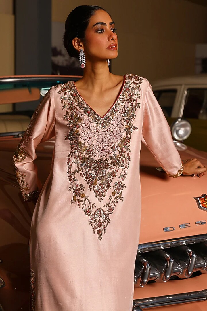 Pink Pure Silk Resham Hand Embroidered Kaftan by SABE at Pernia's Pop Up Shop