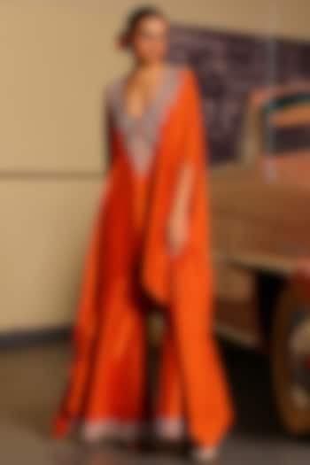 Rust Orange Pure Silk Sequins Hand Embroidered Cape Set by SABE at Pernia's Pop Up Shop