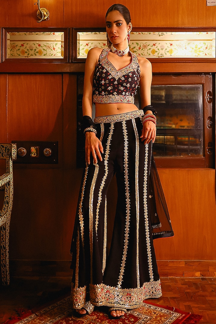Black Georgette Wedding Sharara Set by SABE at Pernia's Pop Up Shop
