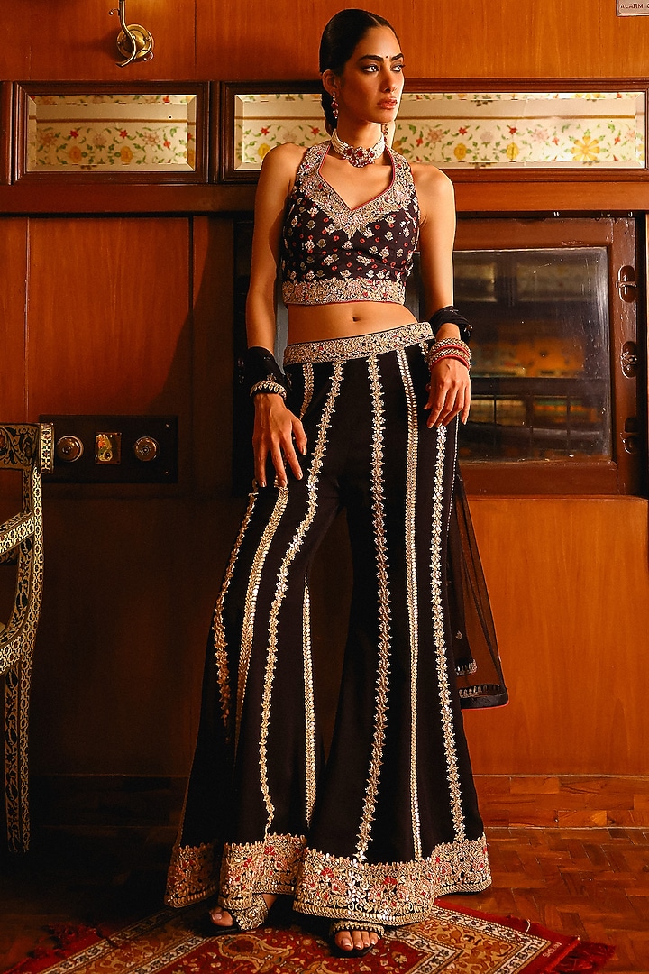 Black Georgette Wedding Sharara Set by SABE at Pernia's Pop Up Shop