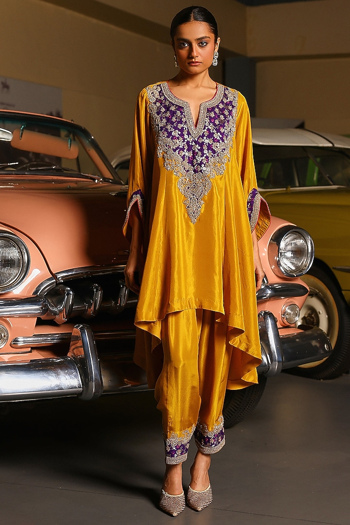 Mustard Pure Silk Sequins Hand Embroidered Kurta Set by SABE at Pernia's Pop Up Shop