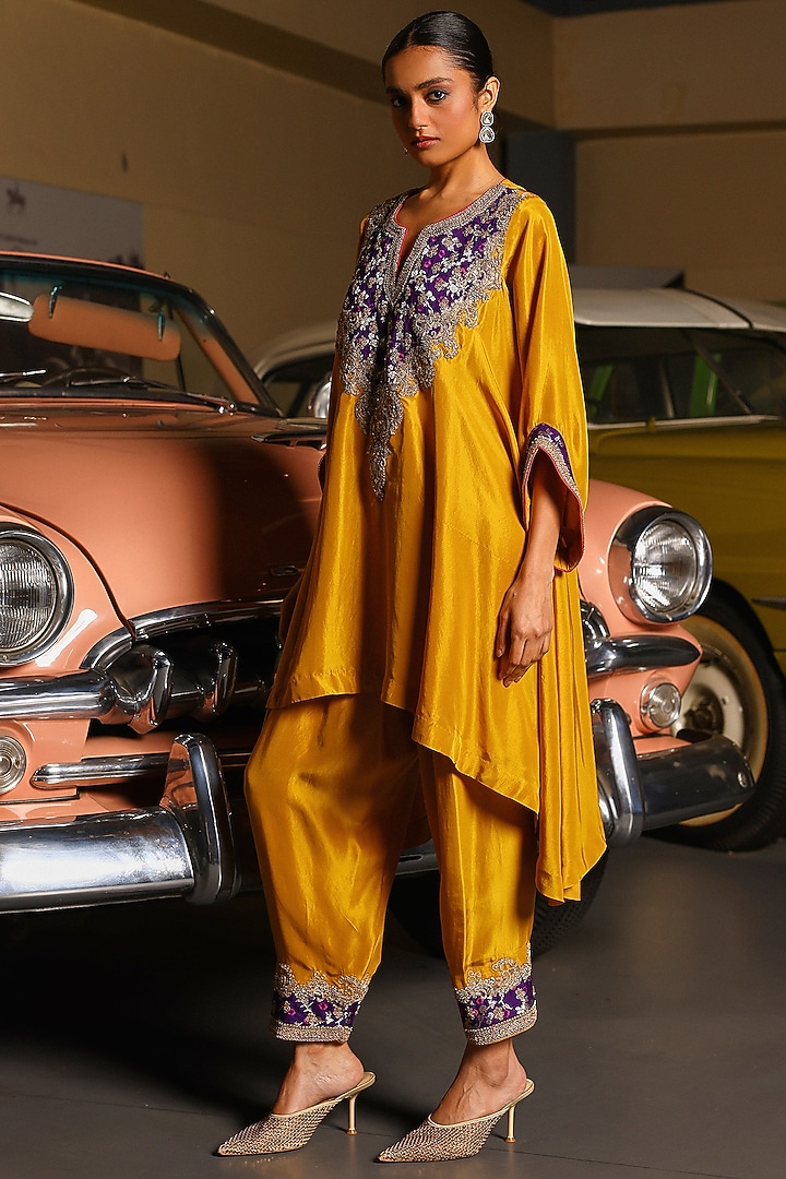 Mustard Pure Silk Sequins Hand Embroidered Kurta Set by SABE at Pernia's Pop Up Shop