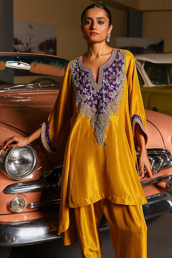 Mustard Pure Silk Sequins Hand Embroidered Kurta Set by SABE at Pernia's Pop Up Shop
