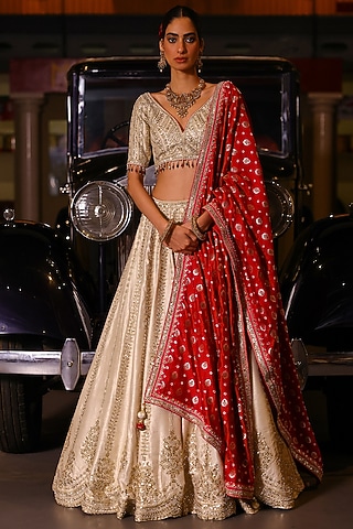 Gold Tissue Gota Patti Hand Embroidered Lehenga Set by SABE