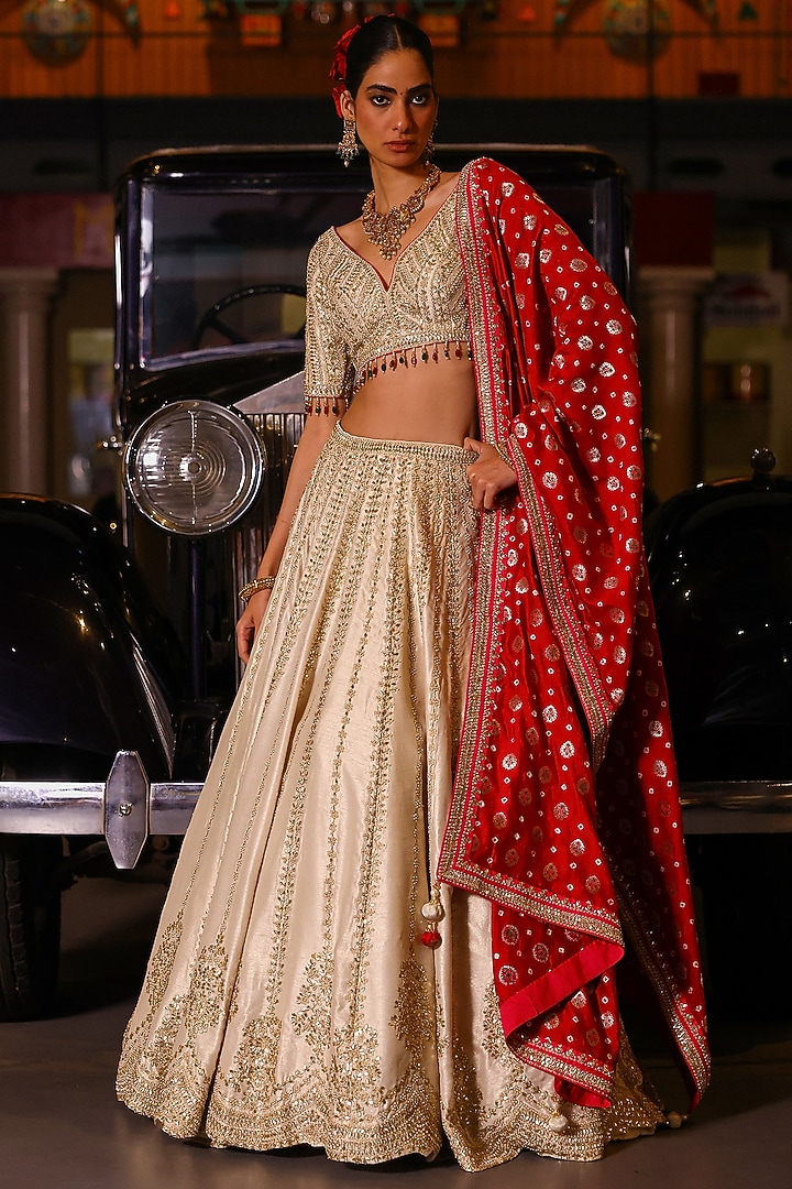 Gold Tissue Gota Patti Hand Embroidered Wedding Lehenga Set by SABE at Pernia's Pop Up Shop