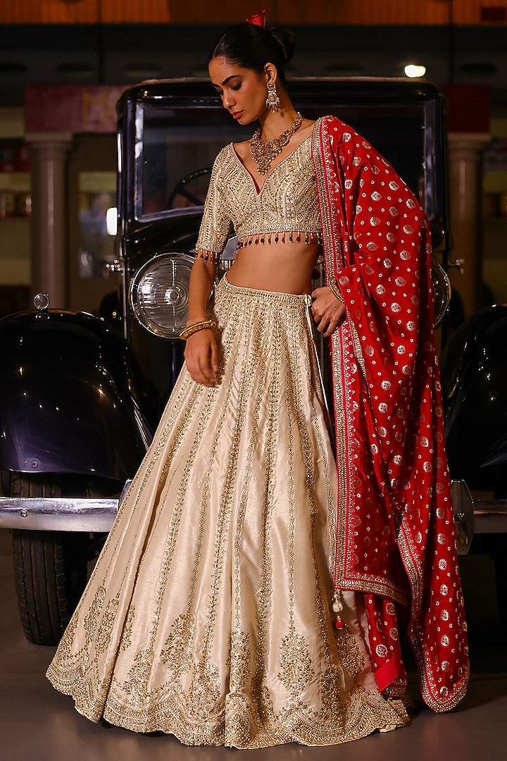 Gold Tissue Gota Patti Hand Embroidered Wedding Lehenga Set by SABE at Pernia's Pop Up Shop