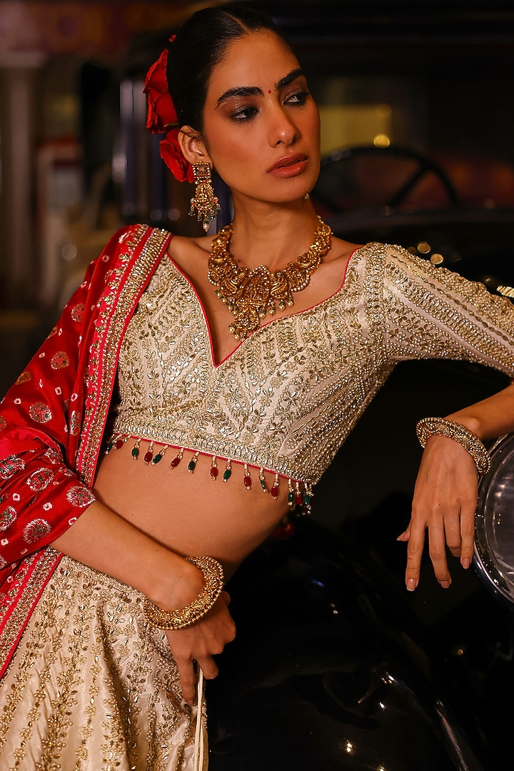 Gold Tissue Gota Patti Hand Embroidered Wedding Lehenga Set by SABE at Pernia's Pop Up Shop