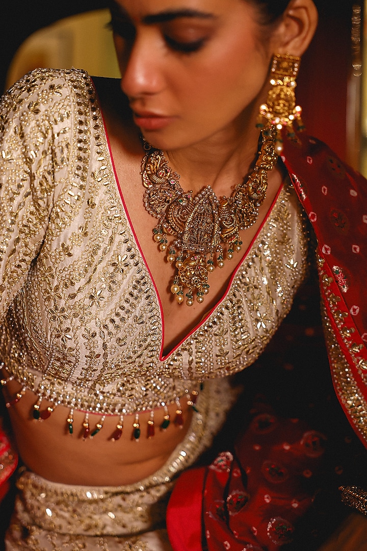 Gold Tissue Gota Patti Hand Embroidered Wedding Lehenga Set by SABE at Pernia's Pop Up Shop