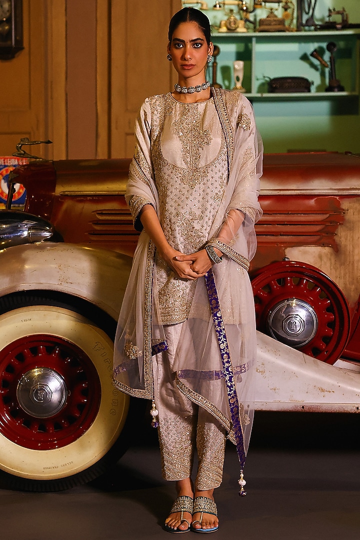 Grey-Silver Pure Tissue Gota & Pearl Hand Embroidered Kurta Set by SABE at Pernia's Pop Up Shop