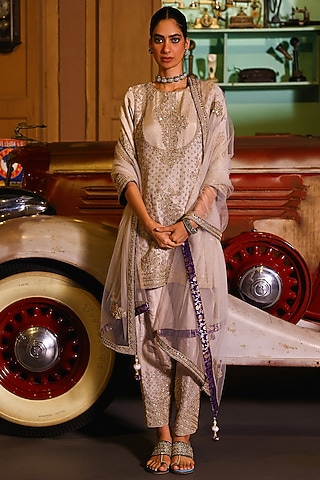 Grey-Silver Pure Tissue Gota & Pearl Hand Embroidered Kurta Set by SABE