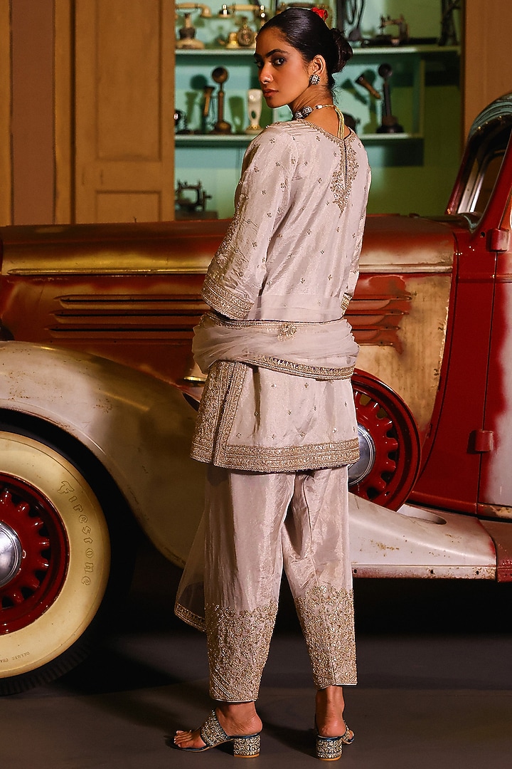 Grey-Silver Pure Tissue Gota & Pearl Hand Embroidered Kurta Set by SABE at Pernia's Pop Up Shop