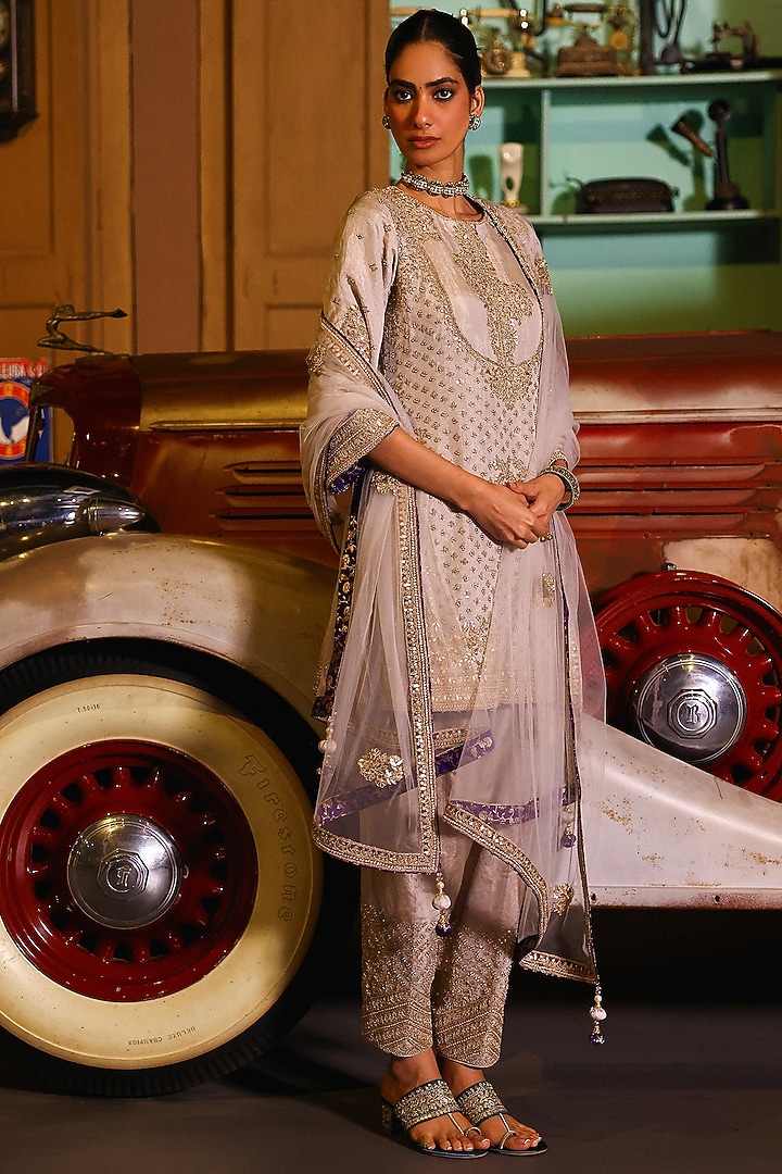 Grey-Silver Pure Tissue Gota & Pearl Hand Embroidered Kurta Set by SABE at Pernia's Pop Up Shop