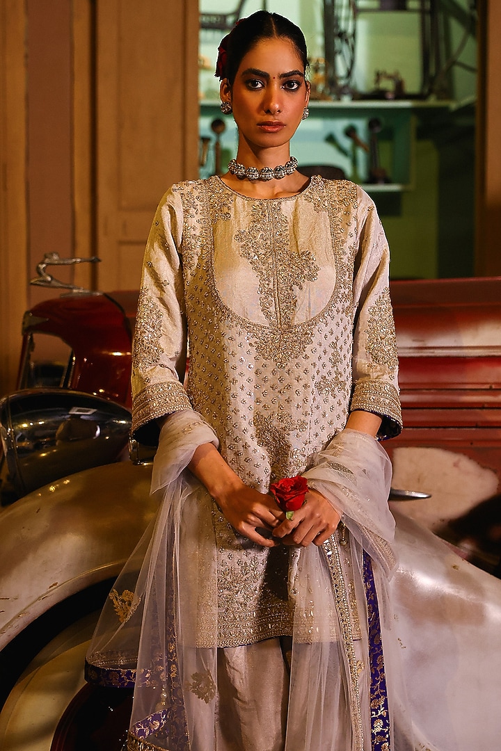 Grey-Silver Pure Tissue Gota & Pearl Hand Embroidered Kurta Set by SABE at Pernia's Pop Up Shop