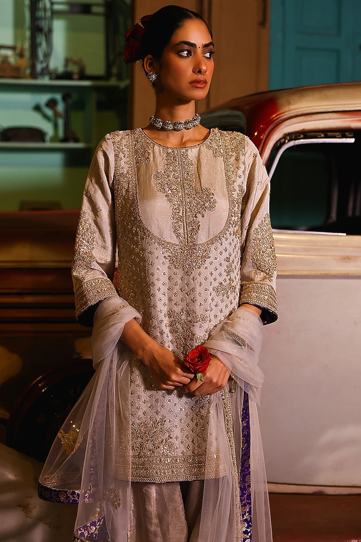 Grey-Silver Pure Tissue Gota & Pearl Hand Embroidered Kurta Set by SABE at Pernia's Pop Up Shop