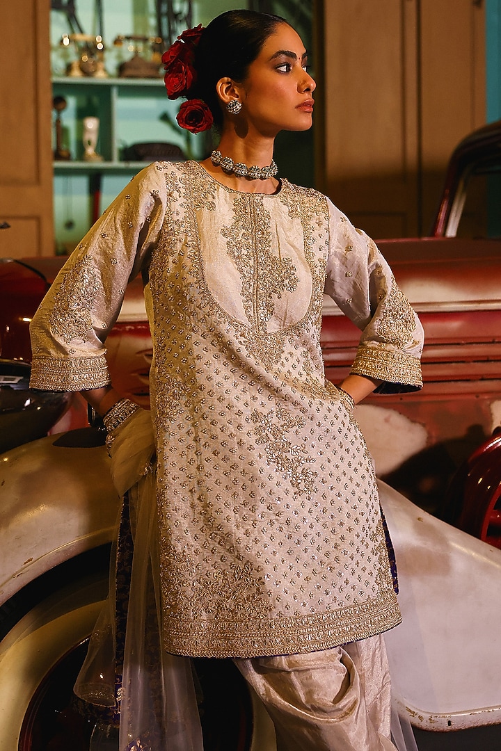 Grey-Silver Pure Tissue Gota & Pearl Hand Embroidered Kurta Set by SABE at Pernia's Pop Up Shop