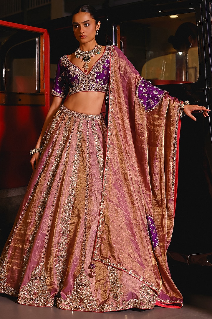 Purple-Mauve Pure Tissue Sequins Hand Embroidered Bridal Lehenga Set by SABE at Pernia's Pop Up Shop