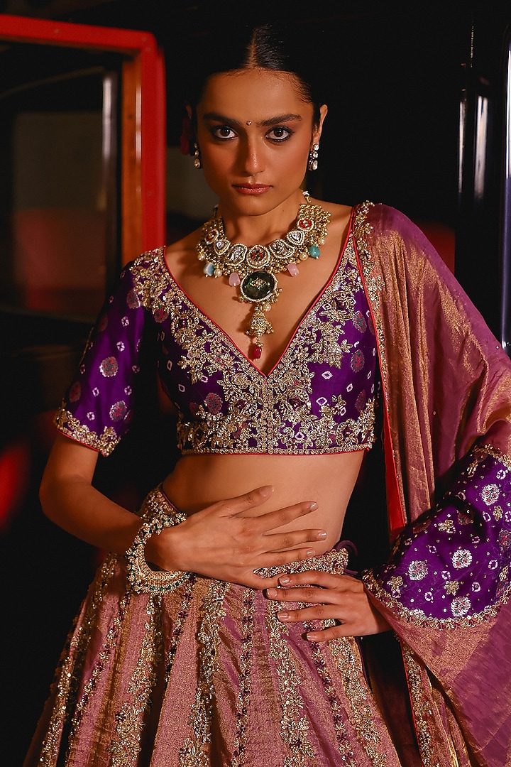 Purple-Mauve Pure Tissue Sequins Hand Embroidered Bridal Lehenga Set by SABE at Pernia's Pop Up Shop