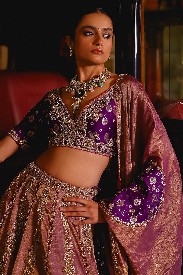 Purple-Mauve Pure Tissue Sequins Hand Embroidered Bridal Lehenga Set by SABE at Pernia's Pop Up Shop