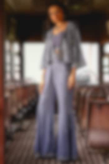 Grey Pure Silk Mirror Hand Embroidered Cape Set by SABE at Pernia's Pop Up Shop