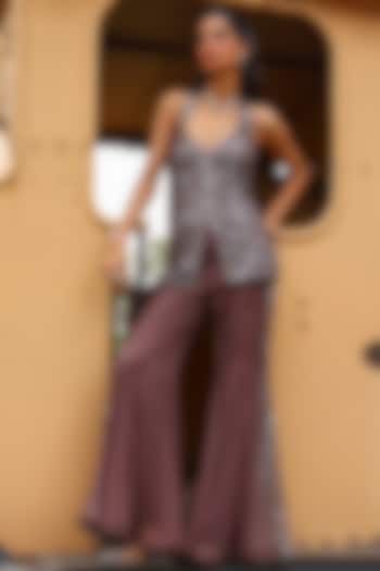 Mud-Colored Net Embellished Pant Set by SABE at Pernia's Pop Up Shop