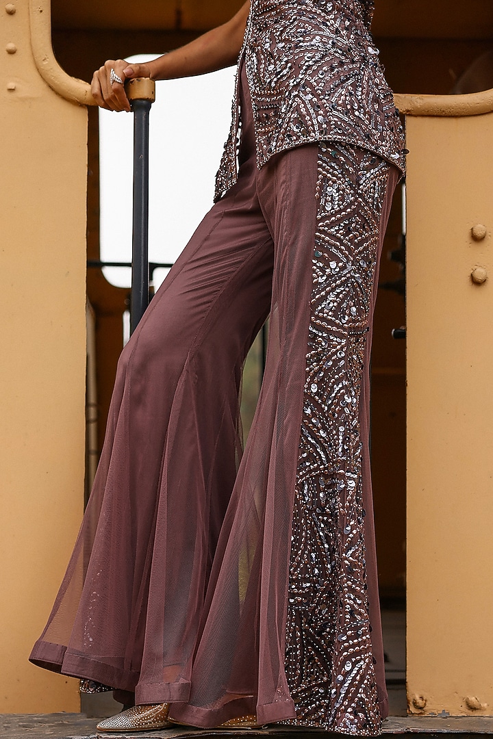 Mud-Colored Net Embellished Pant Set by SABE at Pernia's Pop Up Shop