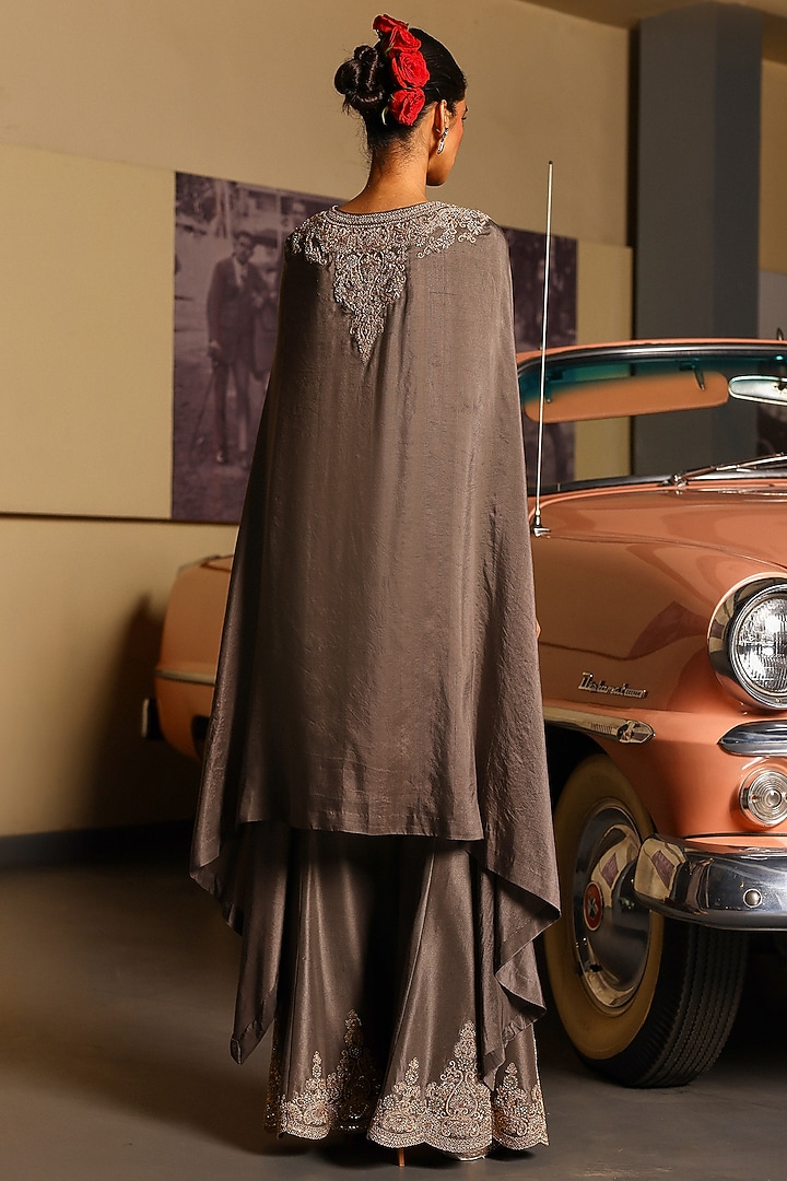 Grey Pure Silk Sequins Hand Embroidered Cape Set by SABE at Pernia's Pop Up Shop