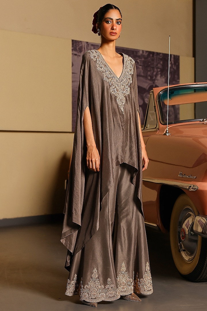 Grey Pure Silk Sequins Hand Embroidered Cape Set by SABE at Pernia's Pop Up Shop