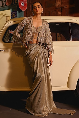 Greenish Gold Net Resham Hand Embroidered Jacket Saree Set by SABE