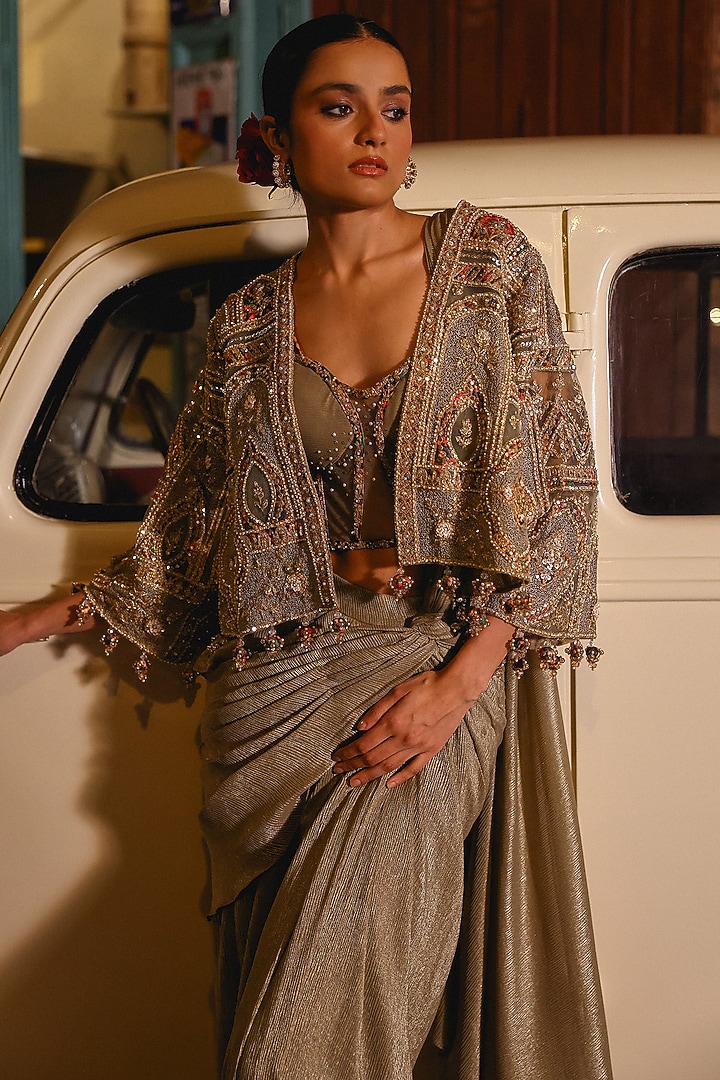Greenish Gold Net Resham Hand Embroidered Jacket Reception Saree Set by SABE at Pernia's Pop Up Shop