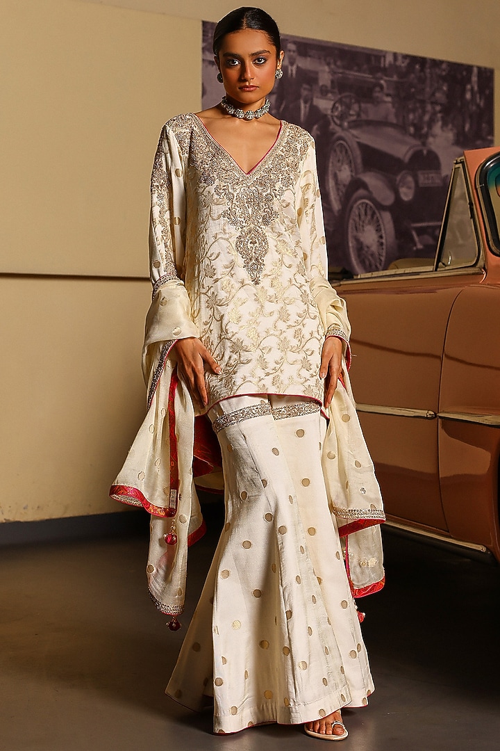 Off-White Sheer Crepe Georgette Gharara Set by SABE at Pernia's Pop Up Shop