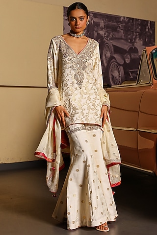 Off-White Sheer Crepe Georgette Gharara Set by SABE