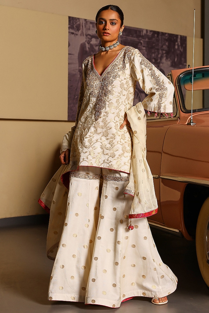 Off-White Sheer Crepe Georgette Gharara Set by SABE at Pernia's Pop Up Shop