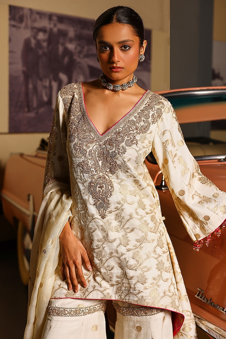 Off-White Sheer Crepe Georgette Gharara Set by SABE at Pernia's Pop Up Shop