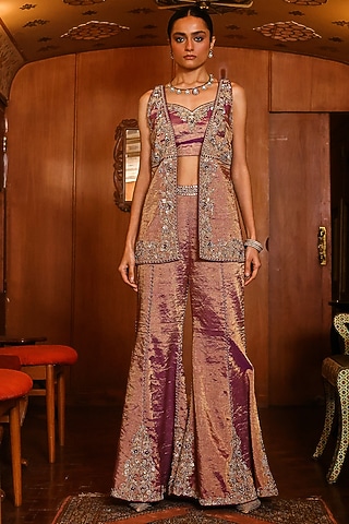 Purplish Mauve Resham Hand Embroidered Jacket Set by SABE