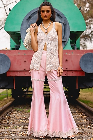 Soft PInk Pure Silk Bell-Bottom Pant Set by SABE