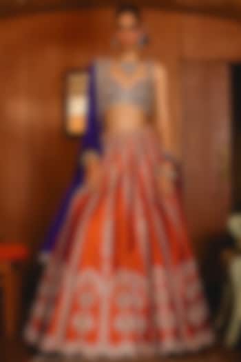 Rust Orange Silk Sequins Hand Embroidered Wedding Lehenga Set by SABE at Pernia's Pop Up Shop