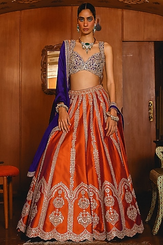 Rust Orange Silk Sequins Hand Embroidered Lehenga Set by SABE